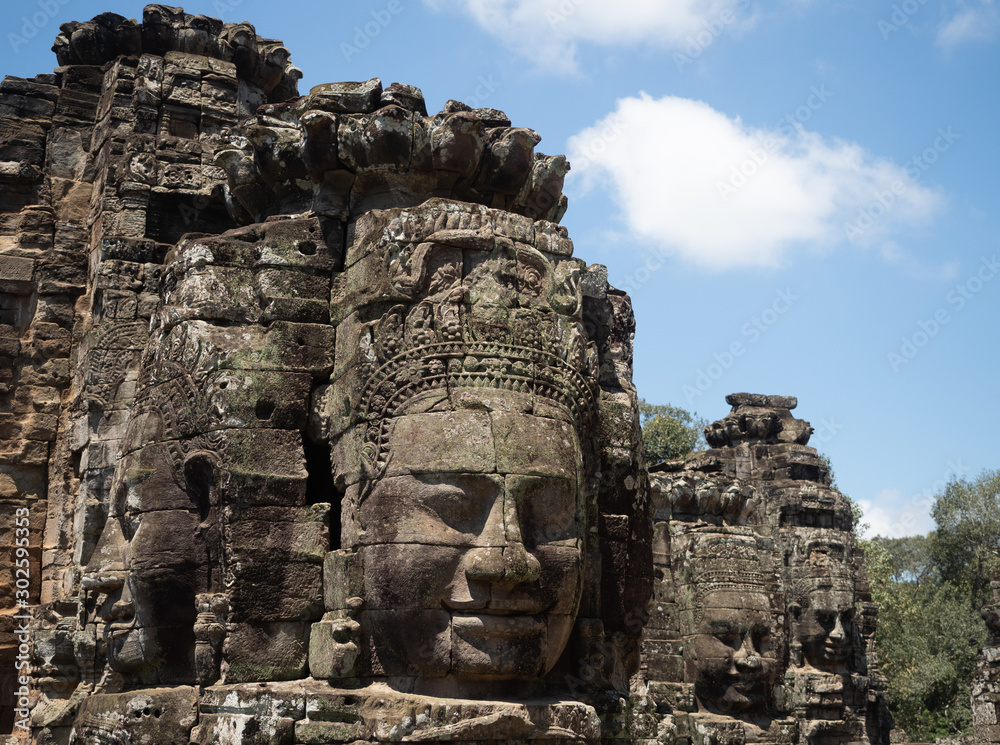 Close Up of a Face Tower at The Bayon Temple at Angkor Thom in Cambodia