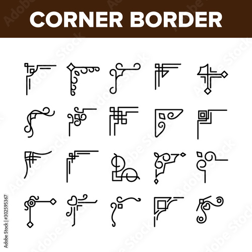 Corner Border Collection Elements Icons Set Vector Thin Line. Different Style Corner Border, Decorative Frame Kit, Vintage Floral Decoration Concept Linear Pictograms. Monochrome Contour Illustrations