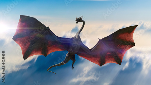 dragon, gigantic winged creature flying in the sky 