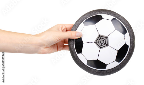 Soccer hover ball, flying toy for kids. Isolated on white.