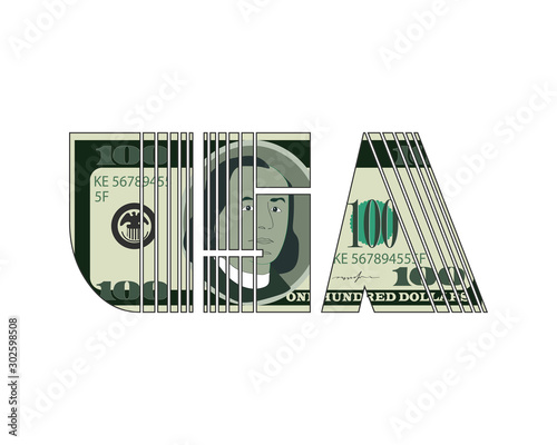 The inscription of the USA in the form of a 100 dollar bill. Vector illustration.