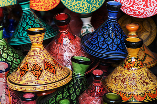 Colourful tajines (tagines). Traditional Moroccan pottery. photo