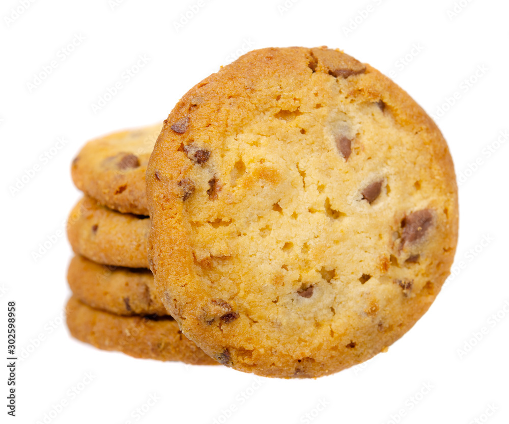 Round cookie with chocolate drops. Isolated on white. Round cookie with chocolate drops. Isolated on white.