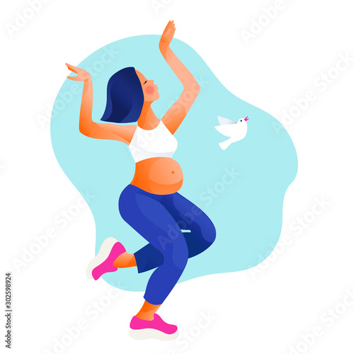 Pregnant woman dancing. Active well fitted pregnant female character. Happy pregnancy. Yoga and sport for pregnant. Flat cartoon vector illustration
