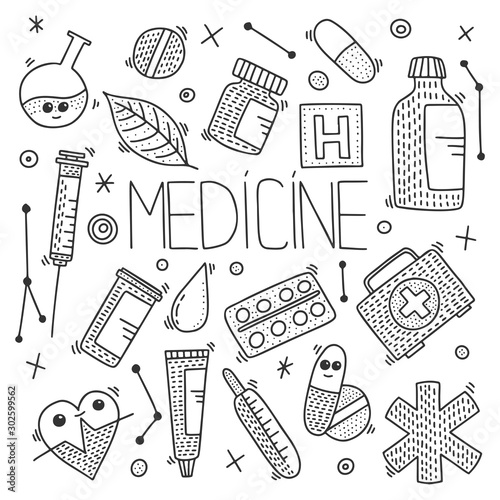 Medicine objects vector concept in doodle style. Hand drawn illustration for printing on T-shirts, postcards.