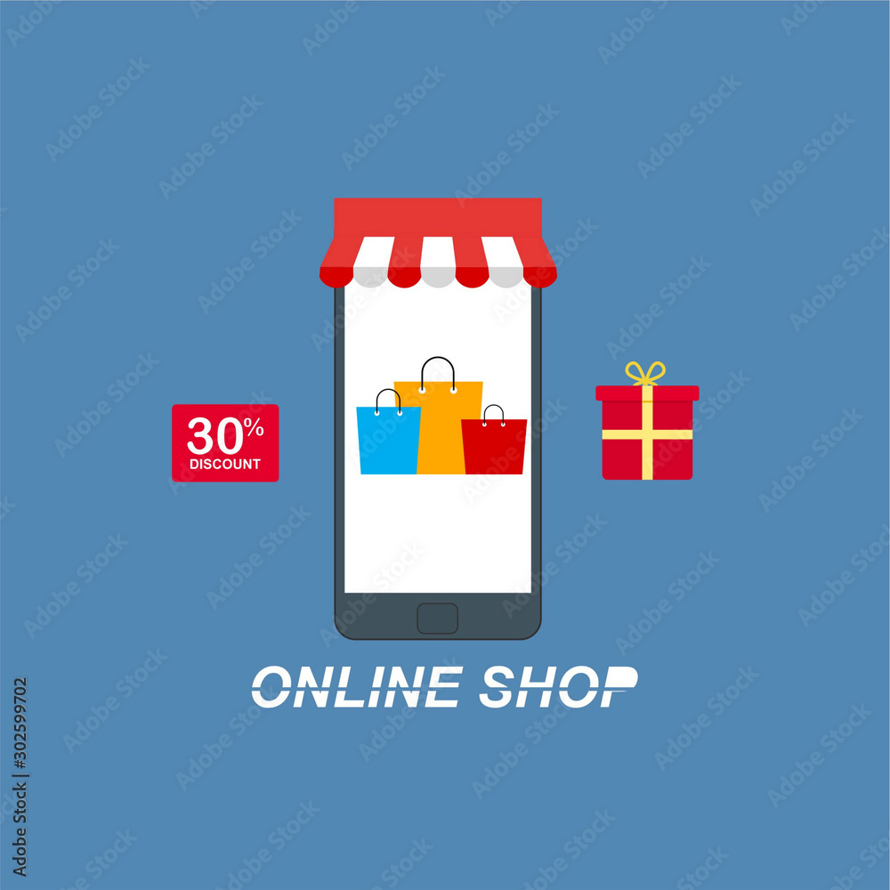 smartphone with Online Shopping. Modern flat design concept of web page design for website and mobile website. Easy to edit and customize. Flat vector illustration.