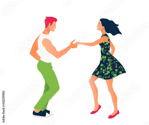 Salsa party. Beautiful young couple dancing salsa in the city. Street dancing. Vector illustration cartoon style. Dance studio logo.