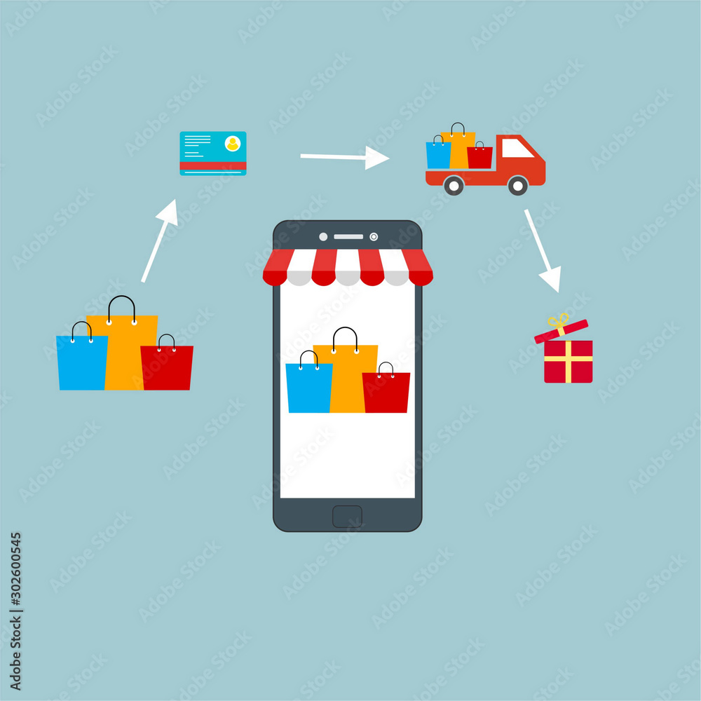 smartphone with Online shopping icon. Flat design people and technology concept. Vector illustration for web banner, business presentation