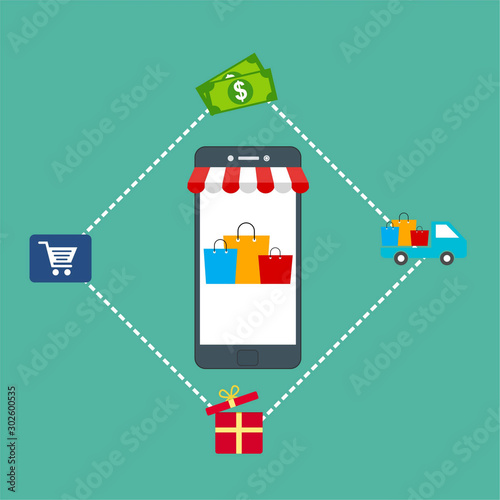 smartphone with Online shopping icon. Flat design people and technology concept. Vector illustration for web banner  business presentation