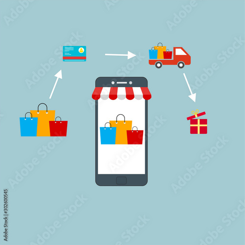 smartphone with Online shopping icon. Flat design people and technology concept. Vector illustration for web banner  business presentation