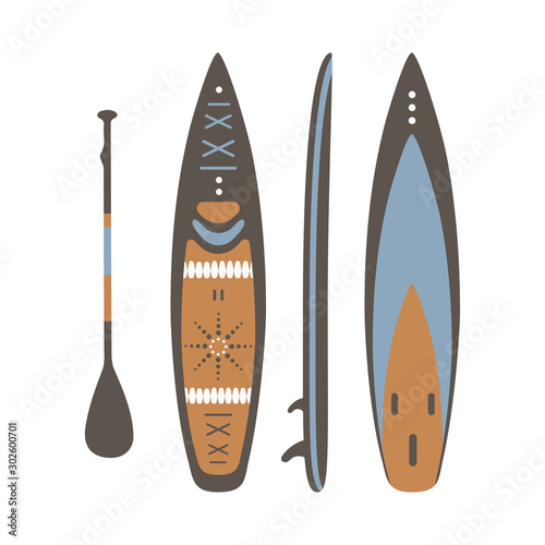 SUP board with paddle three sides. Three projections vector illustration. Surfboard types. Icon. Surfboard figure. Stand Up Paddle boarding elements.