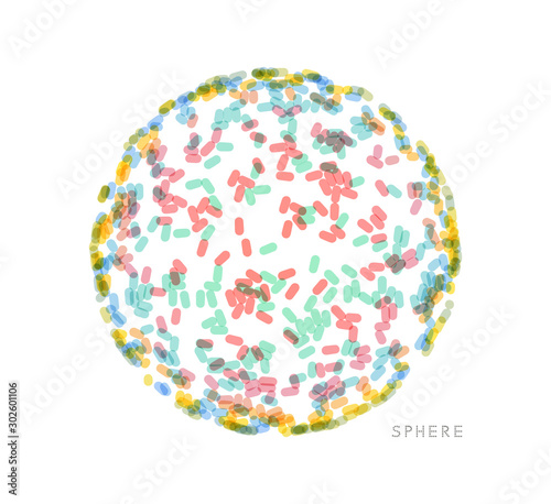 Multiple ovals on a larger sphere. Abstract molecular structure with particles. Scientific background. 3d vector illustration for advertising, marketing and presentation.