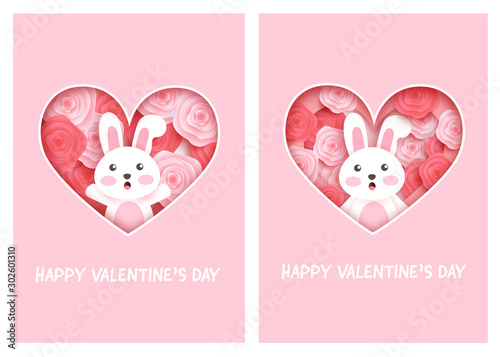 set of valentine's day cards with cute rabbit and roses .