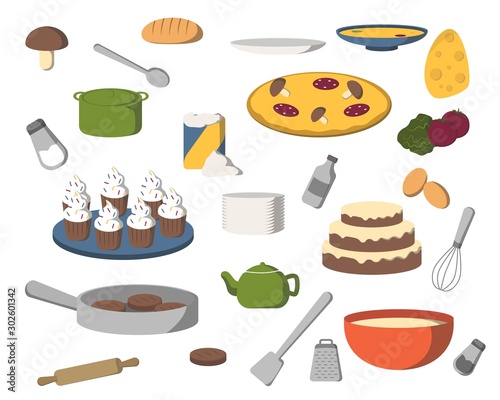 Kitchenware vector cookware for cooking and kitchen utensils or cutlery. mushrooms, spoon, bread, loaf, plate, soup, wok, salt, salt dish, pan, flour, pizza, salami, recipe, tomatoes, salad, cake