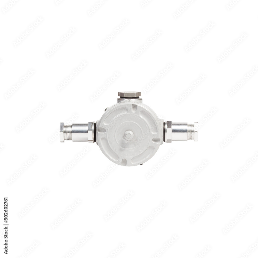 Grey metal junction box for wiring with three inputs for indoor and outdoor use isolated on white background. Grey metal junction box for wiring with three inputs for indoor and outdoor use isolated on white background.