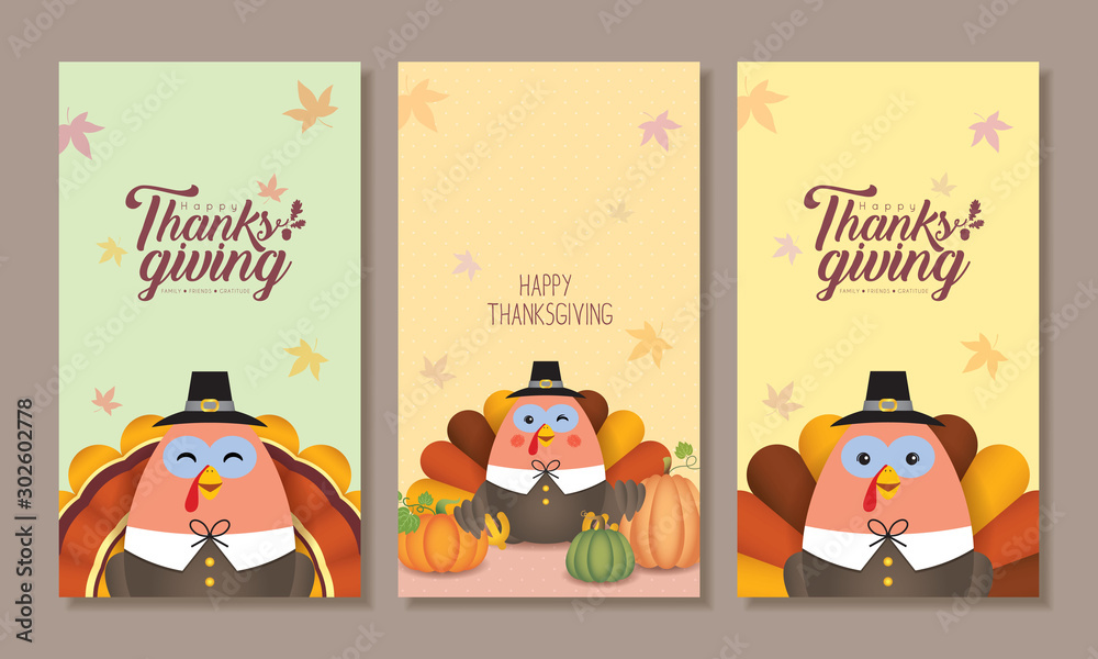 Fototapeta premium Set of Thanksgiving day template for smartphone wallpaper, screensaver, poster or banner design. Cute cartoon turkey with pumpkins. Autumn give thanks flat vector illustration.