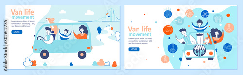 Van life movement hand drawn landing page templates set