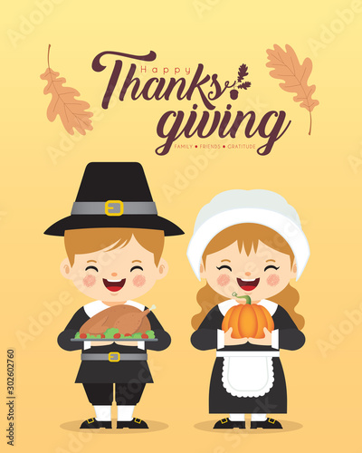 Cute cartoon pilgrim couple holding pumpkin & roasted turkey isolated on yellow background. Thanksgiving day character in flat vector illustration.