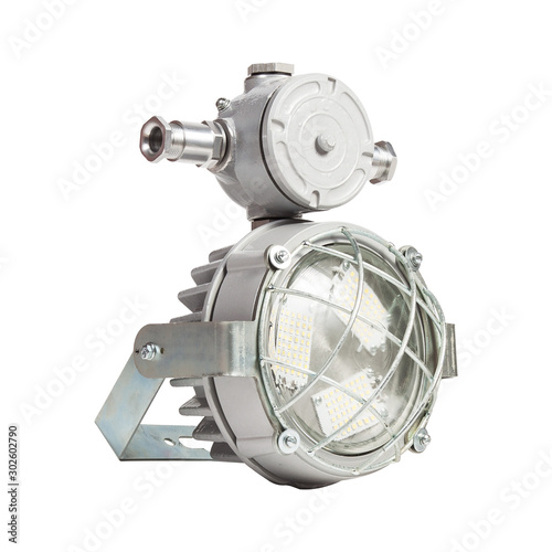 LED street flood light lamps in white strong metal housing for outdoor and indoor industrial use isolated on white.
