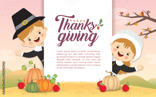 Thanksgiving poster template or copy space. Cute cartoon pilgrim boy & girl with pumpkins on fall landscape background. Thanksgiving character in flat vector illustration.