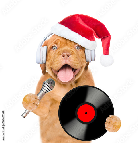 Funny puppy wearing a red christmas hat with earphones holds vinyl record and microphone. Isolated on white background © Ermolaev Alexandr