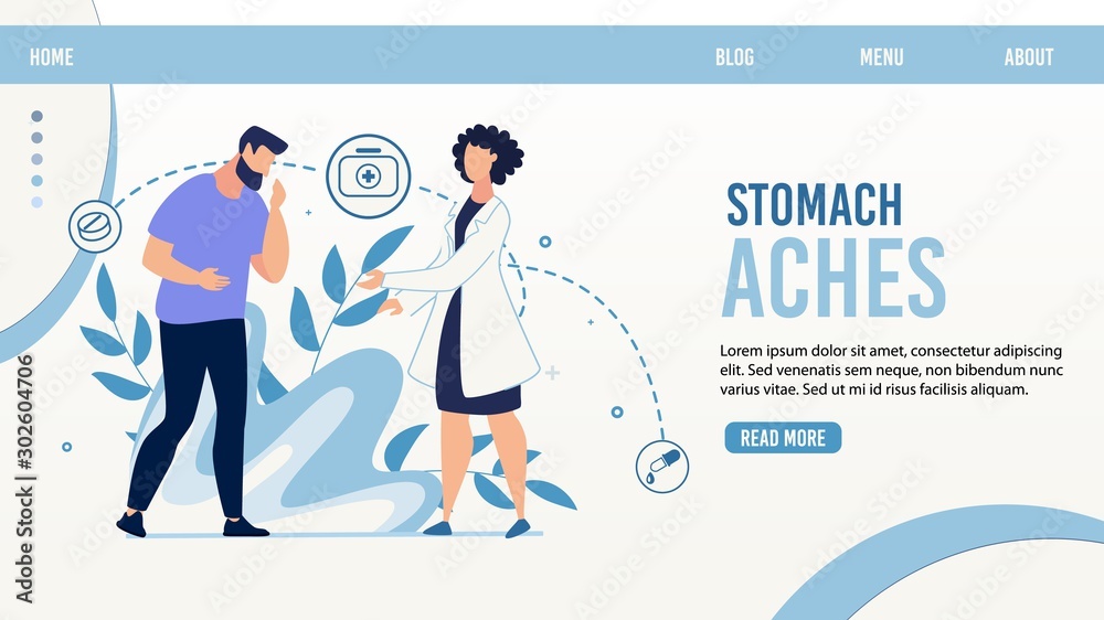 Online Gastroenterological Service Landing Page. Cartoon Man Patient Suffering from Stomach Aches. Woman Doctor Character Giving Consultation. Diagnosis and Treatment. Vector Trendy Flat Illustration