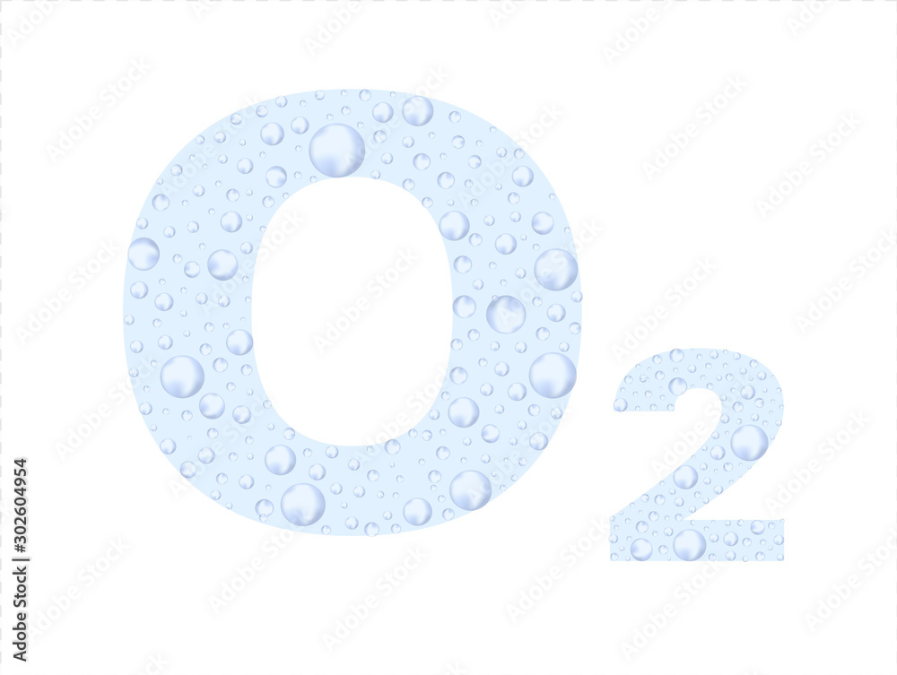 O2. Chemical formula of oxygen from bubbles. transparent formula with