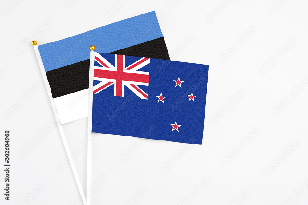 New Zealand and Estonia stick flags on white background. High quality fabric, miniature national flag. Peaceful global concept.White floor for copy space.