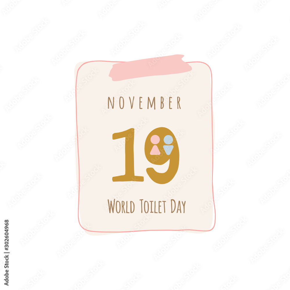 Calendar sheet. With shutter for World Toilet Day. November 19. Beige and pink illustration on white background. 