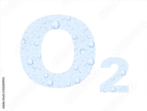 O2. Chemical formula of oxygen from bubbles. transparent formula with bubbles splash. 3d vector realistic drop, underwater air, rain, condensate. Vector Illustration. EPS 10.