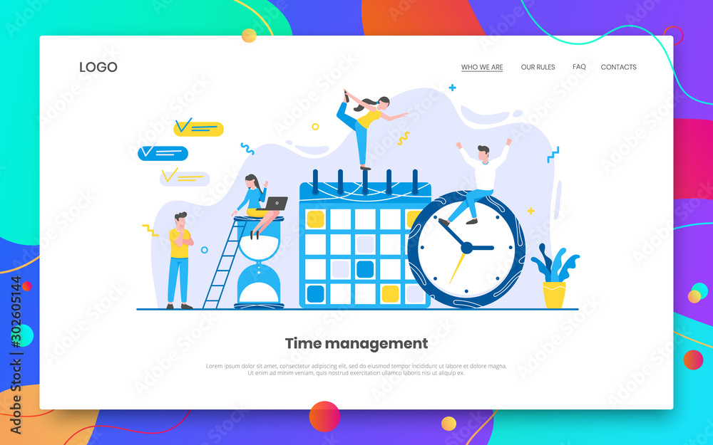 Business time management internet landing page concept template with people characters working together on calendar schedule. Teamwork concept flat style design vector illustration.