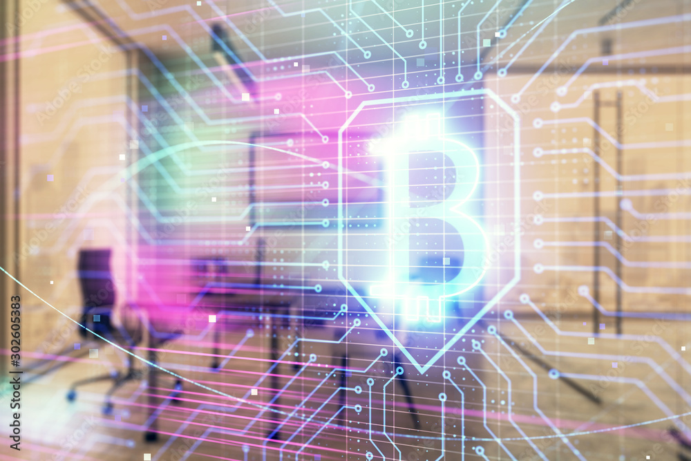 Bitcoin sign hologram with minimalistic cabinet background. Double exposure. Cryptocurrency concept. Bitcoin sign hologram with minimalistic cabinet background. Double exposure. Cryptocurrency concept.