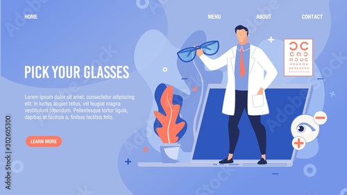 Glasses Selection Online Service. Flat Cartoon Lading Page. Doctor Ophthalmologists Offering Barnacles for Myopia and Hyperopia Correction. Ophthalmology Internet Store. Vector Illustration