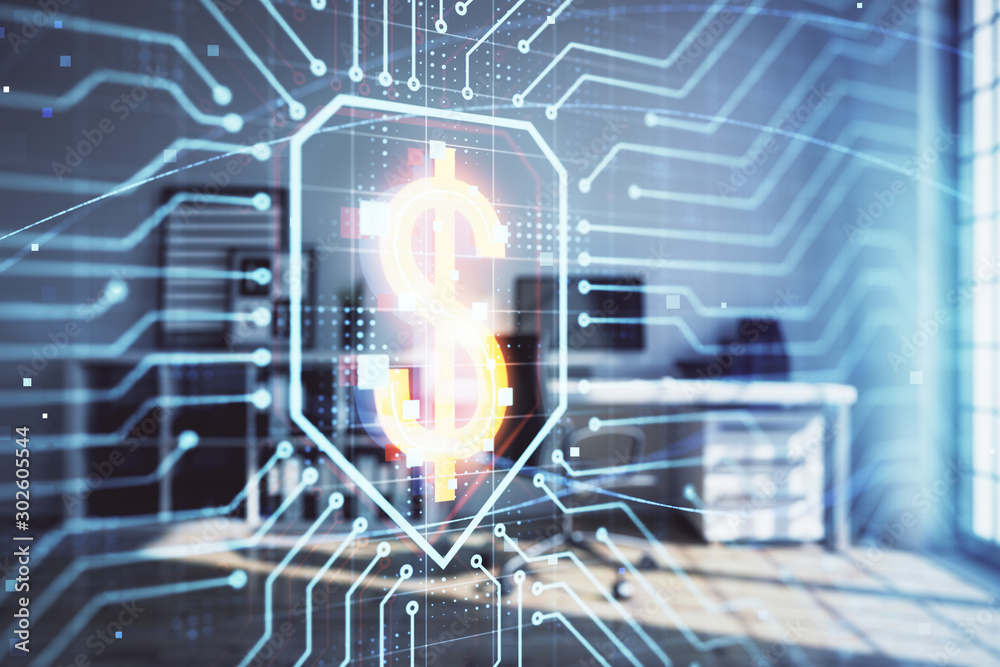 Obraz premium Business theme hologram with minimalistic cabinet background. Double exposure.