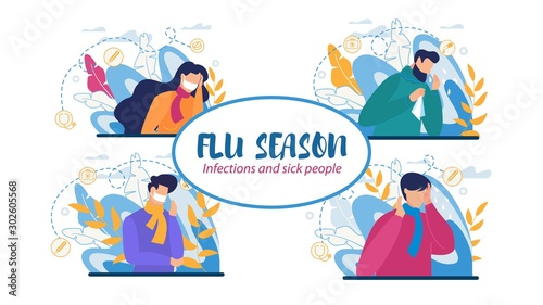Infections and Flu Season Set with Sick People Bundle. Man and Woman Characters Wearing Scarf Feeling Unwell, Having Headache, Runny Nose, Sore Throat and Coughing. Vector Flat Cartoon Illustration