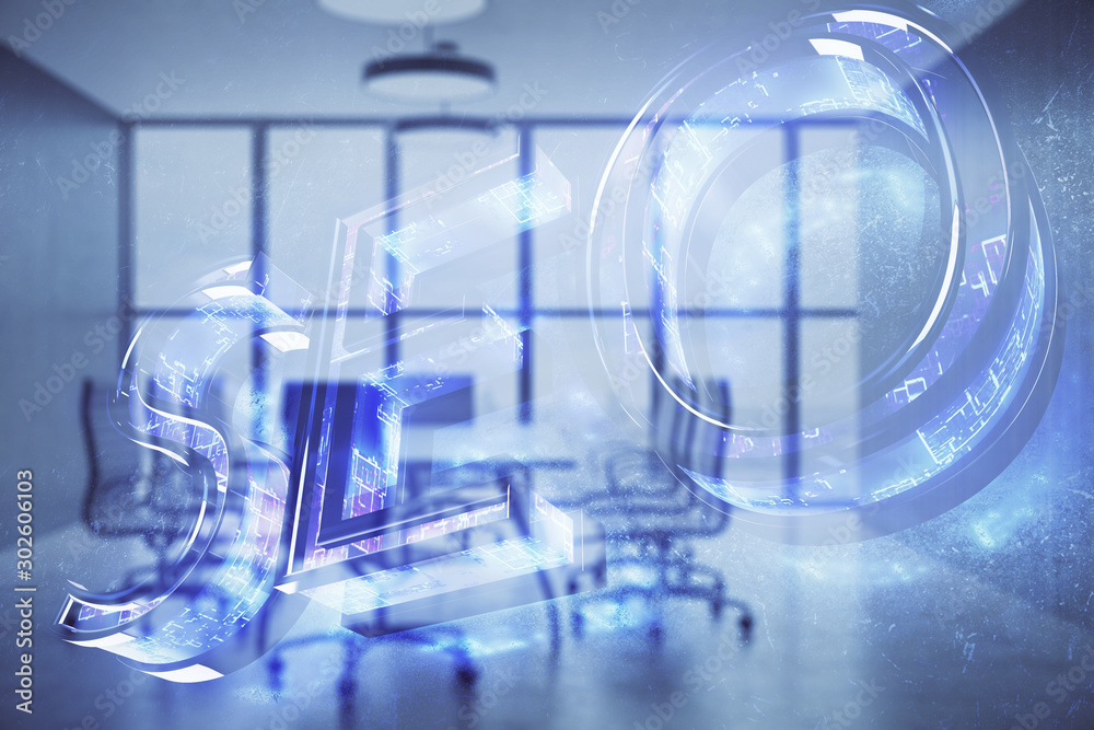 Double exposure of seo hologram on conference room background. Concept of search optimization Double exposure of seo hologram on conference room background. Concept of search optimization