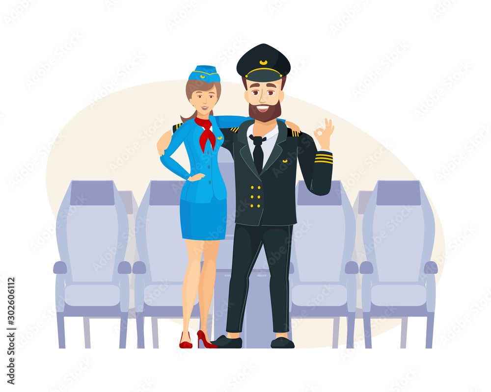 Crew airplane plane captain and stewardess in uniform standing together inside an airplane cartoon vector illustration.
