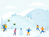 Vacation winter time young couple  in winter clothes have romantic winter vacation time. Young people skating, they sculpt snowman, ski, play snowballs, take selfie together. Winter time vector