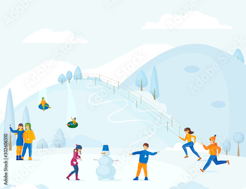 Vacation winter time young couple  in winter clothes have romantic winter vacation time. Young people skating, they sculpt snowman, ski, play snowballs, take selfie together. Winter time vector © Idey