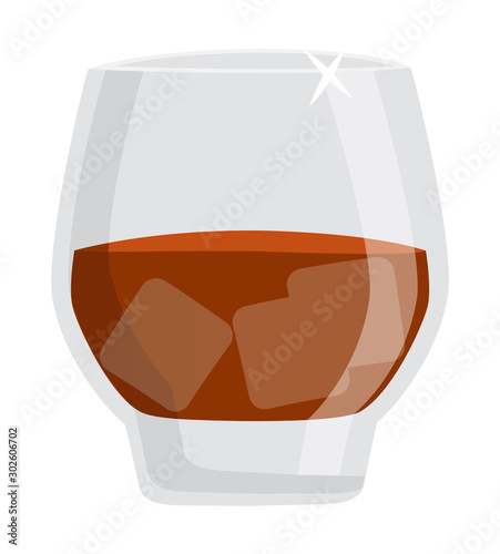 Alcoholic drink vector, isolated glass of fine alcohol flat style. Whiskey or rum drinking of cold beverage with ice cubes, cold liquid in container booze