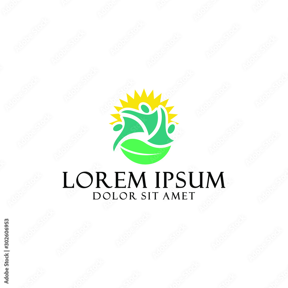 Wealth logo template with modern abstract happy man, leaf and sunlight simplicity in flat design illustration