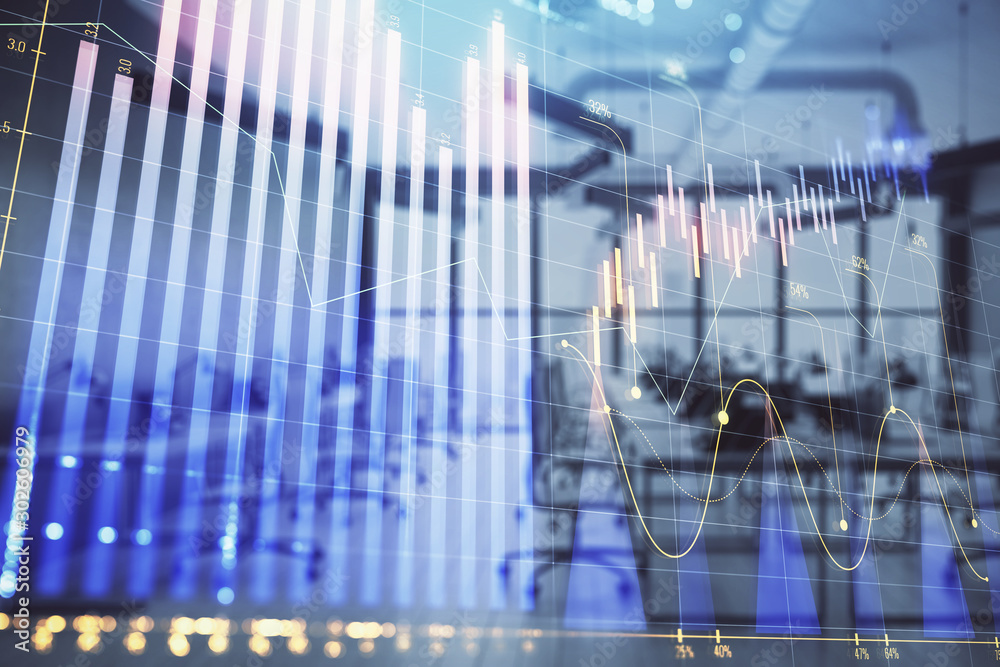 Stock and bond market graph with trading desk bank office interior on background. Multi exposure. Concept of financial analysis