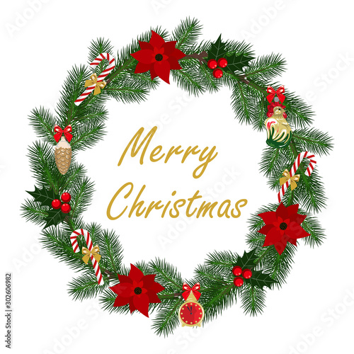 Vector image of a Christmas wreath decorated with design elements. Image on a white background.