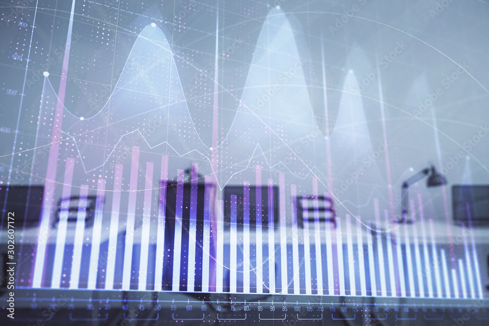 Naklejka premium Stock and bond market graph with trading desk bank office interior on background. Multi exposure. Concept of financial analysis