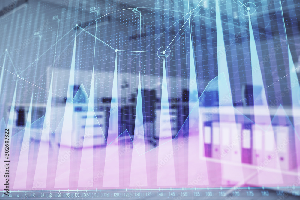 Stock market chart with trading desk bank office interior on background. Double exposure. Concept of financial analysis Stock market chart with trading desk bank office interior on background. Double exposure. Concept of financial analysis