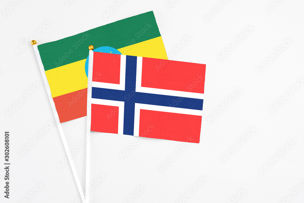 Bouvet Islands and Ethiopia stick flags on white background. High quality fabric, miniature national flag. Peaceful global concept.White floor for copy space.
