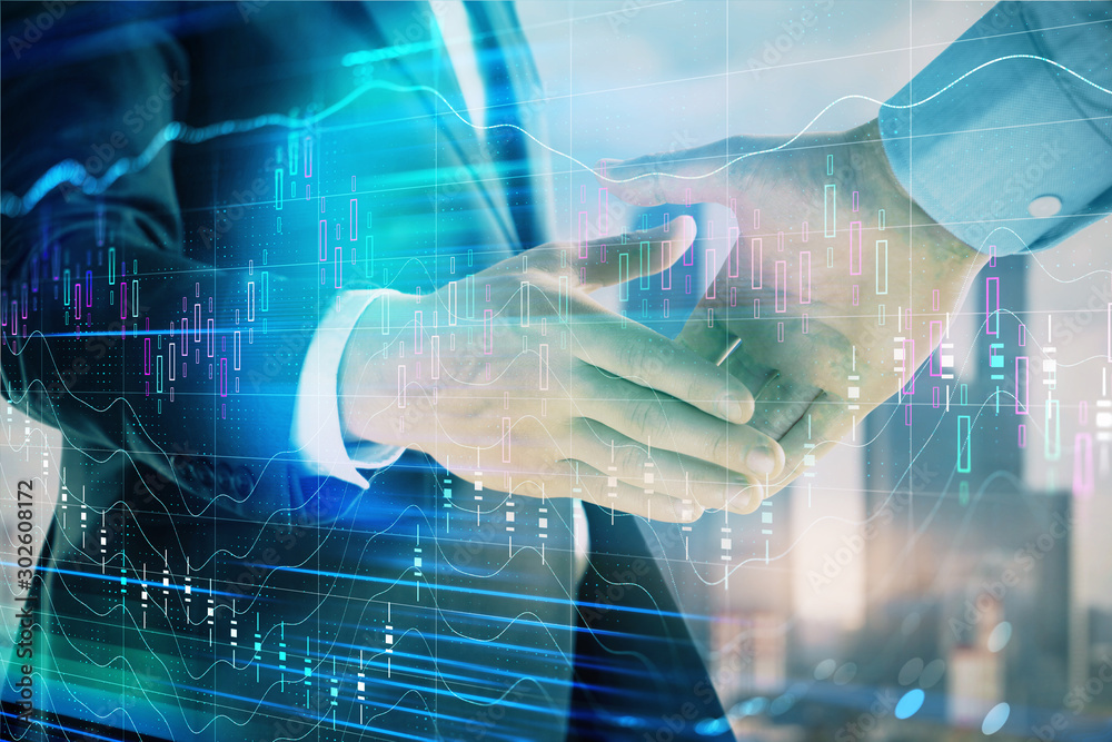 Double exposure of financial graph on cityscape background with two businessman handshake. Concept of stock market deal Double exposure of financial graph on cityscape background with two businessman handshake. Concept of stock market deal