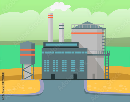 Factory exterior vector, industrial building with pipes and smoke. Metallurgical enterprise, industry development in city. Urbanscape with smog, road to manufacture