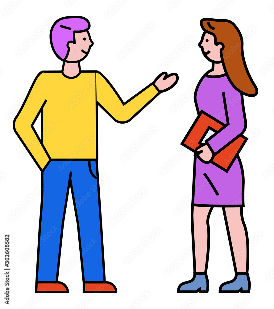 Man and woman stand together and talking. Business meeting of two managers. Guy consulting lady about work. Conversation of friends. Female holding red tablet in hand. Minimalist vector flat style