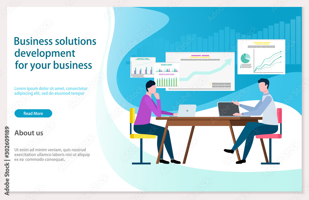 Business solution vector, people working in team on new projects. Boards with charts and analysis of information. Team businessman analytics. Website or webpage template, landing page flat style